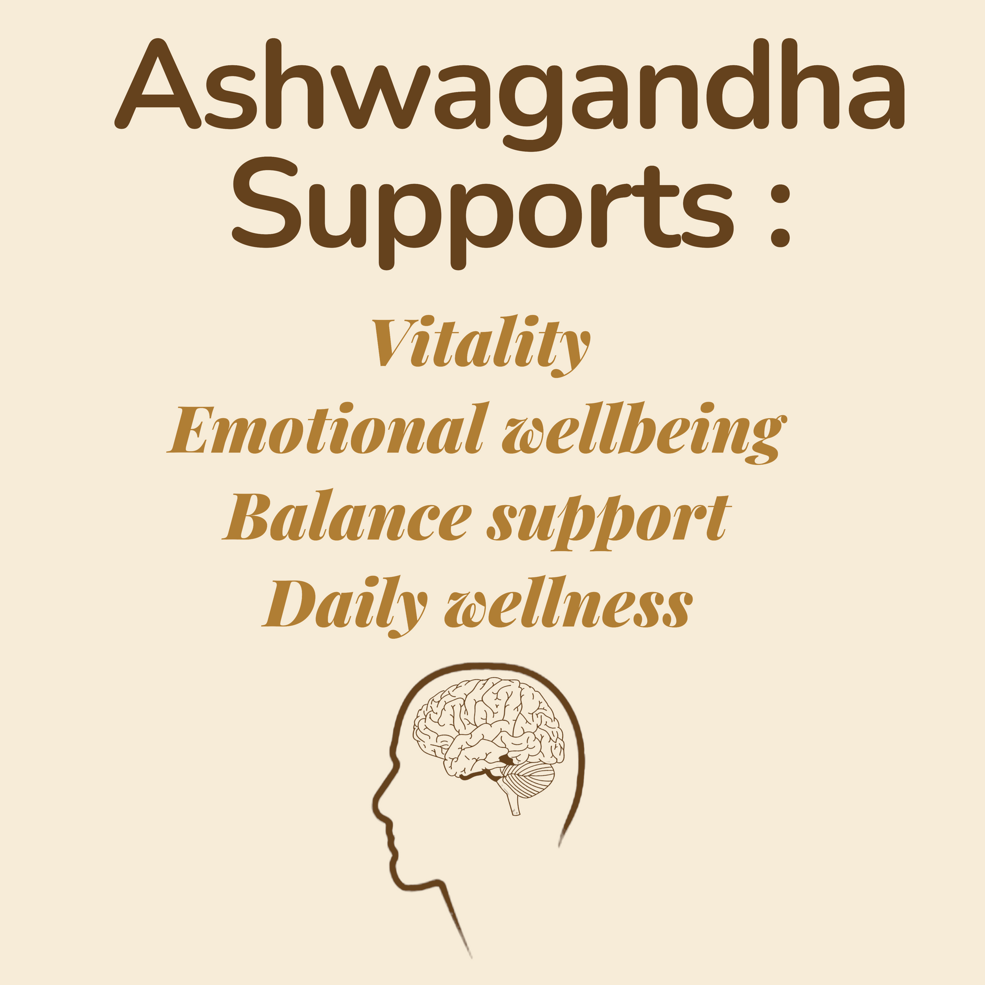 Csutra Ashwagandha supports for vitality, emotional wellbeing, balance, and daily wellness with a brain outline.